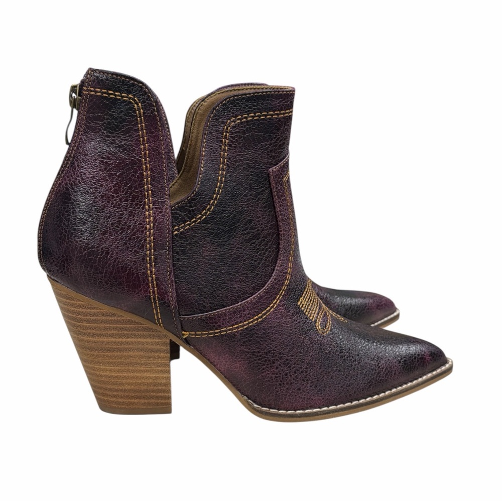 Women's Burgundy Leather Western Ankle Booties - Chic Block Heel